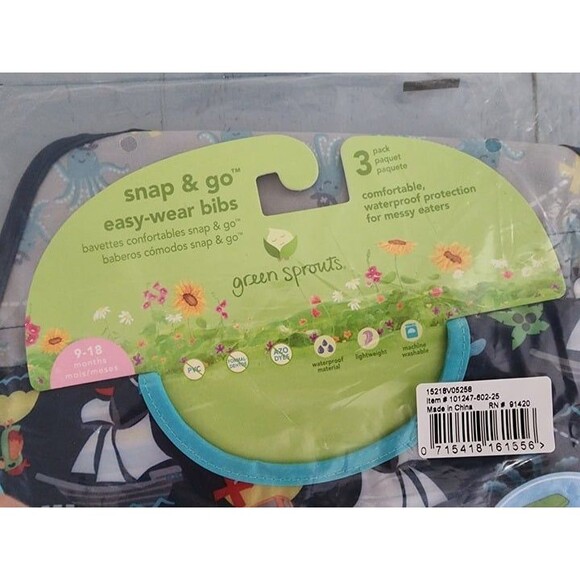 Green Sprouts 3 Pack Snap & Go Wipe-Off Bibs Oceanic 9-18 Months. NWT - Picture 3 of 6